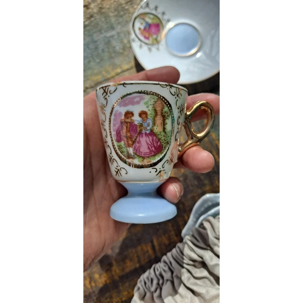 Vintage Antique Cameo French Couple Demitasse Porcelain Mini Cup & Saucer Plate